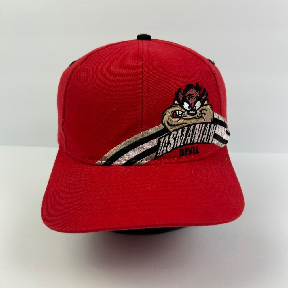 Vintage 90s Tasmanian Devil Hat Cap Strap Back Adjustable Red Looney Tunes Taz